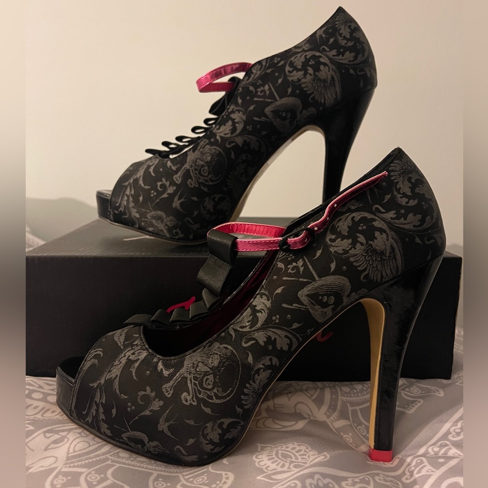 Iron Fist Black and Pink Goth Pattern Peep-Toe Heels